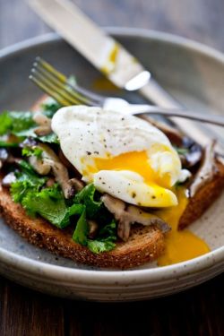 intensefoodcravings:Mushroom &amp; Wilted Greens Toast with a Poached Egg | Running with Tweezers  Get in my belly!!!