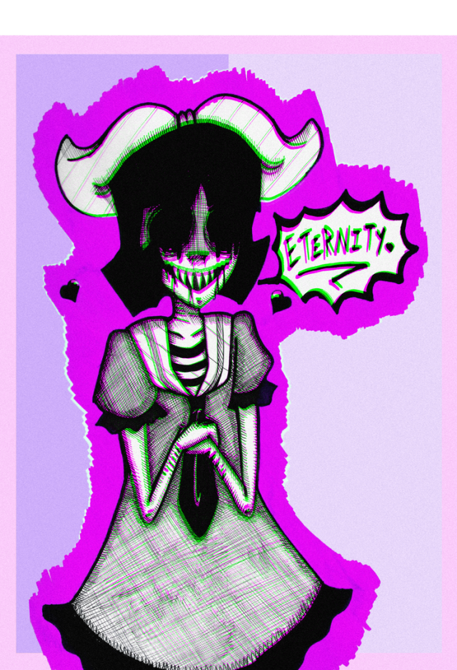 ETERNITY! #art #artists on tumblr #illustration#design#character design#drawing#lavender#purple#glitch#glitchcore#purple aesthetid#cark aesthetic#horror aesthetic#aesthetic#horrorcore#yanderecore#yandere #pen and ink  #black and white #crosshatching#tw cuts#tw selfharm#injury