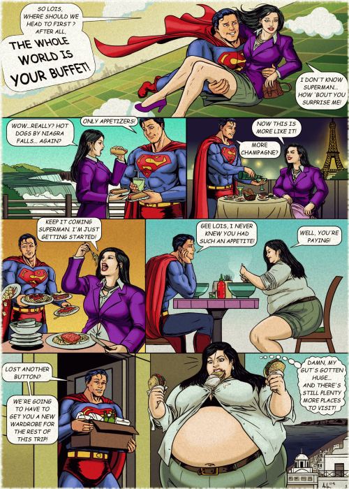 Page 1 of a comic of Lois Lane being taken on a world-tour dinner date by Superman. Needless to say 