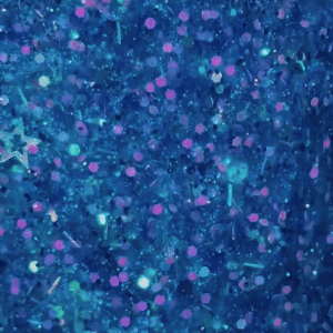 a closeup gif of the glitter inside the jar. there are tiny purple confetti pieces, and little shiny blue stars, floating in and out of the blue glitter.