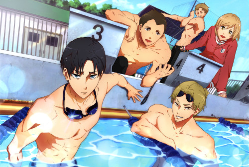 ask-rivailles-squad:  because everyone and their mom asked me for a levi squad/free crossover, here it is…AND ITS FINALLY DONE….lies down…also fun fact, levi doesnt like to swim in oceans, lakes, etc because theyre not chlorinated, and ew, do you