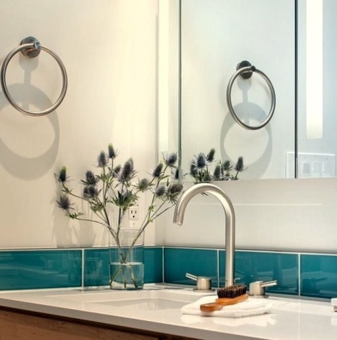 Contemporary Bathroom - Master Bath Blue And Glass Ceramic Tile Is The Inspiration For A Mid-sized Contemporary