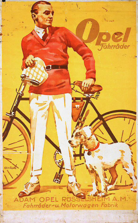 Ahrlé, poster illustration for Opel Bicycles, 1930. Enamel. Opel, Germany. Via Technoseum