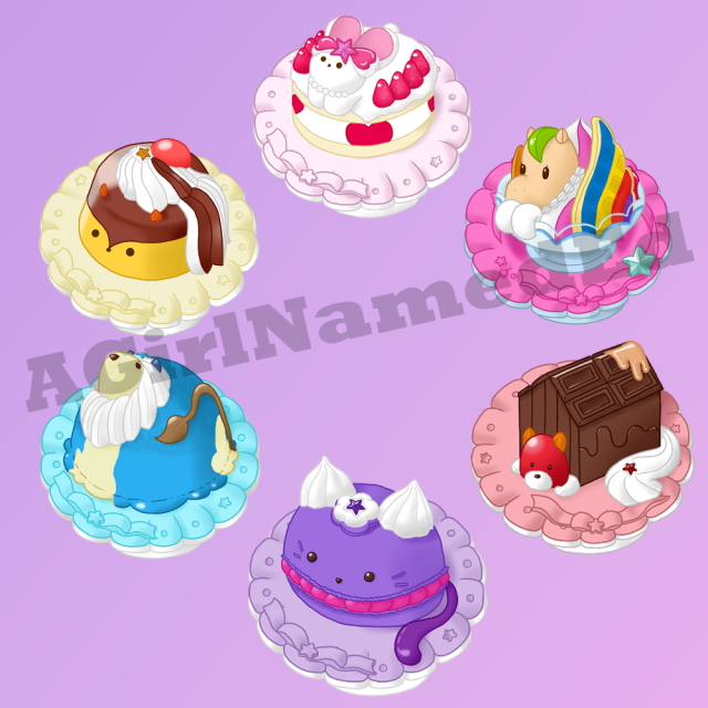 6 digital drawings of animal sweets: shortcake rabbit, pudding squirrel, ice cream lion, macaron cat, dog chocolate, pegasus parfait, arranged in a circle, purple/pink gradient background