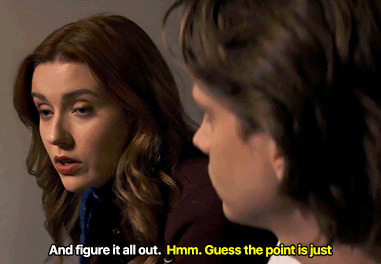 GIF FROM EPISODE 3X01 OF NANCY DREW. NANCY AND ACE ARE SITTING NEXT TO EACH OTHER. ACE'S PROFILE IS BARELY IN VIEW. NANCY SAYS "AND FIGURE IT ALL OUT" THEN TURNS TO LOOK AT ACE. ACE SAYS "HMM. GUESS THE POINT IS JUST"