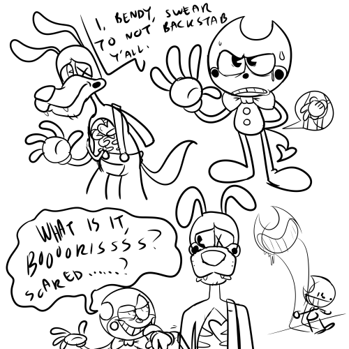  A bunch of concepts I made for da AU!!! I like to experiment with Bendy and Boris’s relationship ge