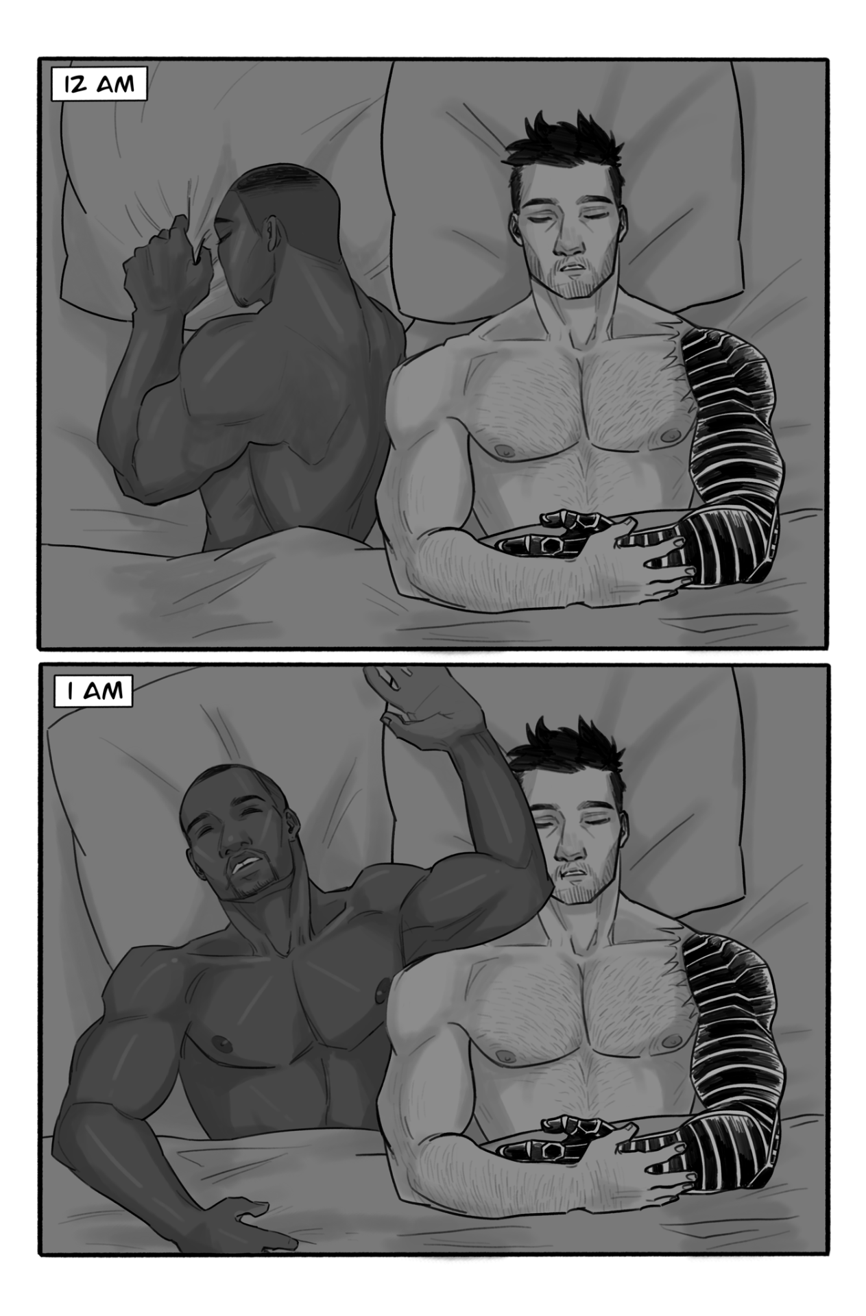 vic-draws-sometimes:Sleeping habits Sam is obviously an early bird “there’s no such thing as early, you’re either on time or late” Bucky was always woken up by Steve, the military, hydra, nightmares, kids playing… the dude sleeps as much