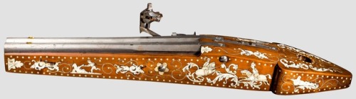 Ornate thumb trigger double barrel wheel-lock pistol, circa 1630.from Hermann-Historica