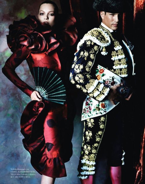 iliveforaliving:   Kate Moss stars in these striking images lensed by Mario Testino for the December cover story of Vogue Spain. Styled by Sarajane Hoare, the British beauty poses alongside Spanish matador José Mari Manzanares in some of the season’s
