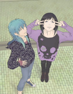 reversecastle:  Clear: Twins! say cheese!—I took A LOT of time to finish this, oh my…   щ(゜ロ゜щ)  Those paving tiles…But their clothes are pretty gay, I’m proud, and that make up for the tiles. -wThe pattern on Aoba’s hoodies are little