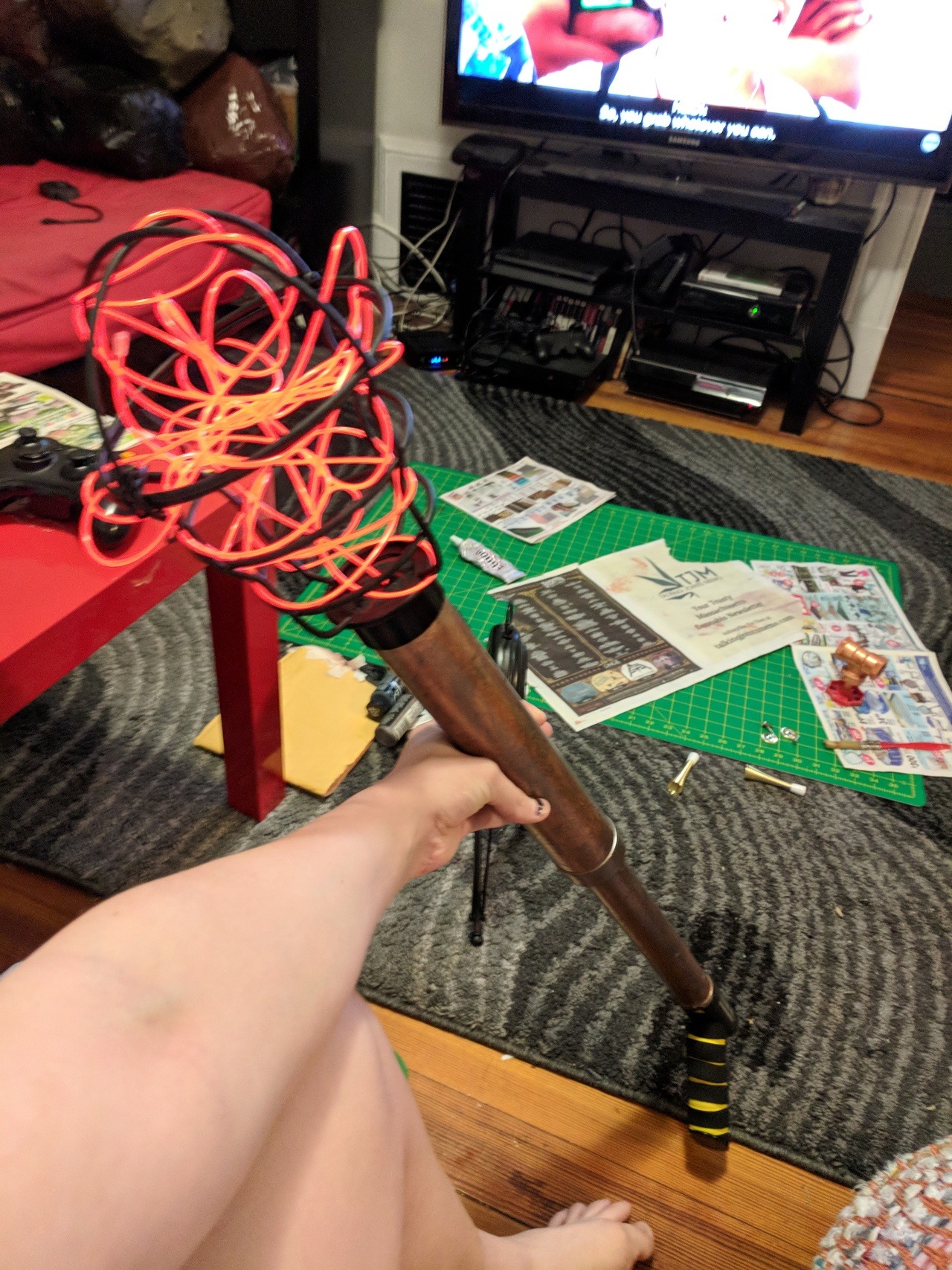 SCIENCE GUN
(drugstore super soaker + spray paint + acrylic paint for texturing + a michaels lampshade + EL wire)