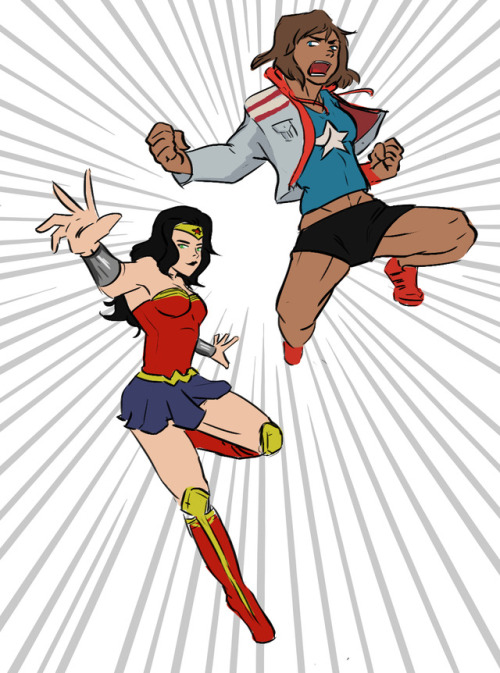 in-2d-eep: Day #12: Superheroes  AU I couldn’t decide if I wanted marvel or DC so…Wonder woman and Miss America. I might draw more of this, I liked it 😂 Girlfriends kicking ass and fighting the patriarchy✨💪  Korrasami for a month 12/31 ko-fi?