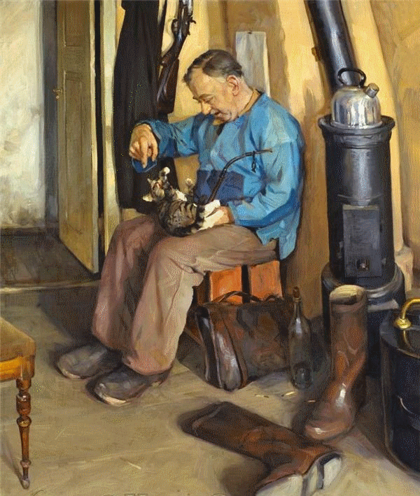 Knud Erik Edsberg (Danish, 1911-2003) - Playing with the cat.