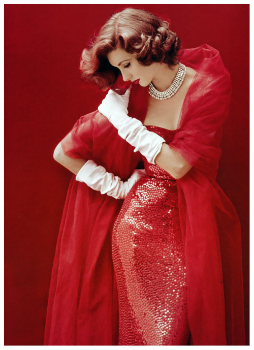 chicinsilk:Suzy Parker in red sequined dress by Norman Norell,  LIFE, cover September 1952  Photo Mi