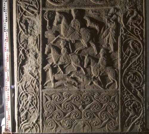 celtic-studies:Stone cross slab, the back is highly decorated including a hunting scene, but the ori