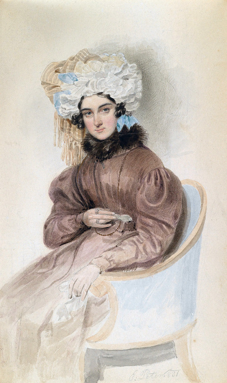 Portrait of a lady in a ruffled hat by Emanuel Thomas Peter, 1831