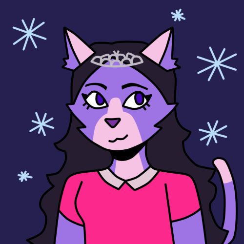 fellas is it gay to draw your gf’s fursona[ID: a digital drawing of Winter, an anthro cat with purpl