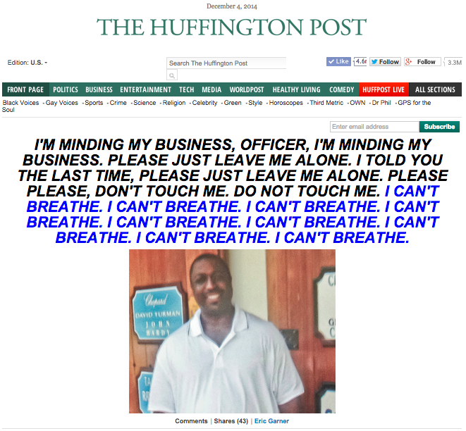 socialjusticekoolaid:  Front pages of the Huffington Post today. (Dec 4th, 2014)