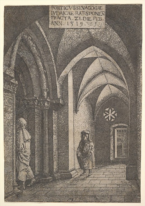 The Entrance Hall of the Regensburg Synagogue, 1519In the muted light of an open doorway and a roset