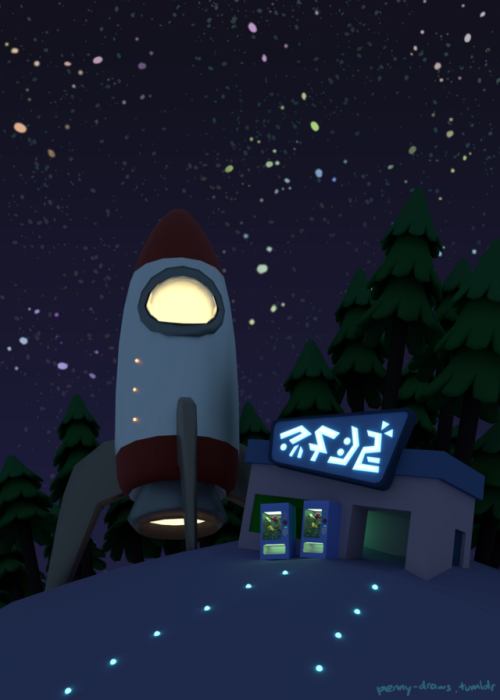 penny-draws: My submission for January’s theme-from-a-hat: space, woods, item shop. A little t