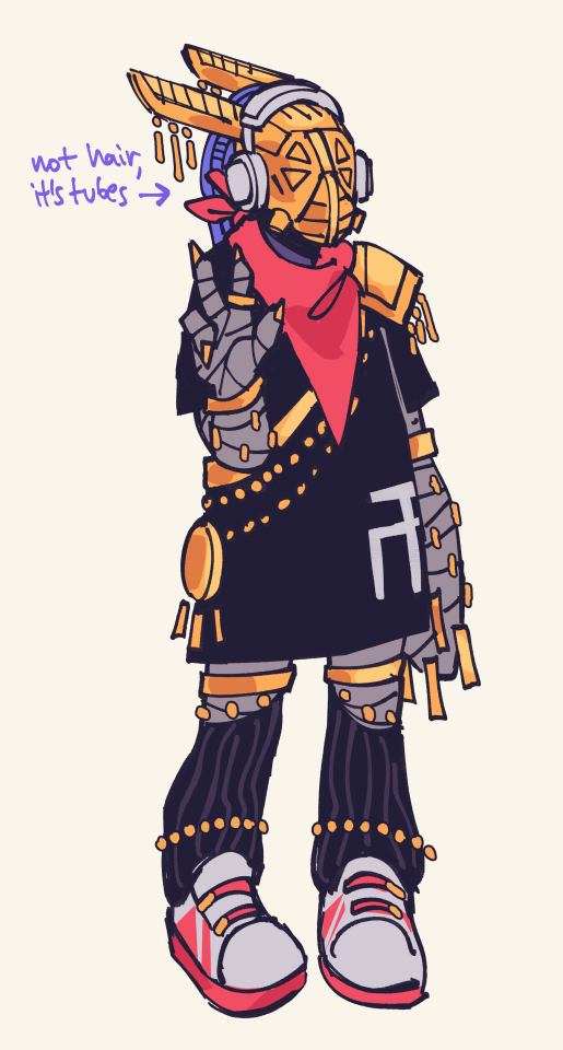 BROS as an ancient, wearing the more streetwear-casual type of clothing, with a loose-fitting shirt and sneakers and a bandana. they have headphones and their mask has rabbit-like ears. there is an arrow pointing at the tubes coming out of the back of the mask, saying that it is not hair.