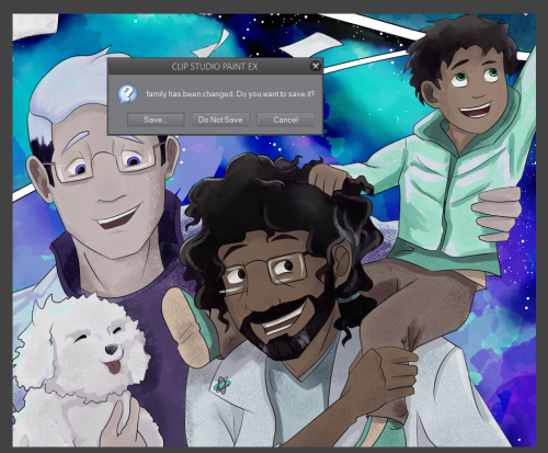  [ID: A close-up of art of Cecil, Carlos, and Esteban from WTNV stargazing, with Aubergine also held
