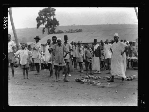 Vegetable market; coconut market; youths in a native market (Dar esSalaam, Tanganyika,