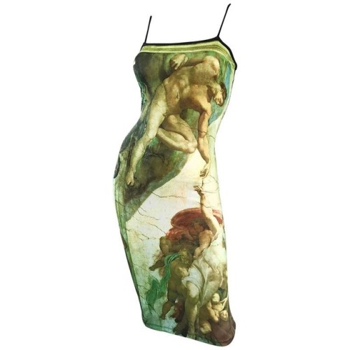 yslgirl:1990s “Creation Of Adam” Michelangelo Bodycon Vintage Novelty Dress $975