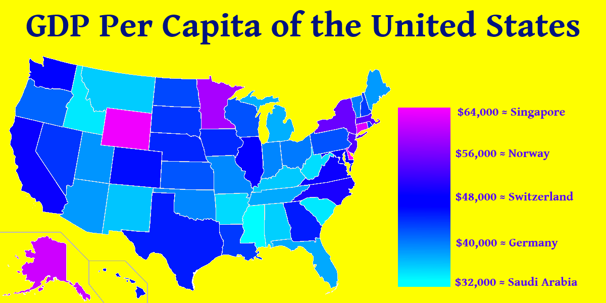 GDP Per Capita of Each US State, with country... Maps on the Web