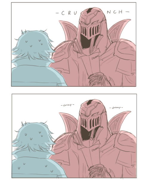 askfrostedezreal:  “What did I just—” [ Me and the mun of askzedoftheshadows went to a convention together recently. They bought a box of giant churros and then this happened. Knitted version here ] 