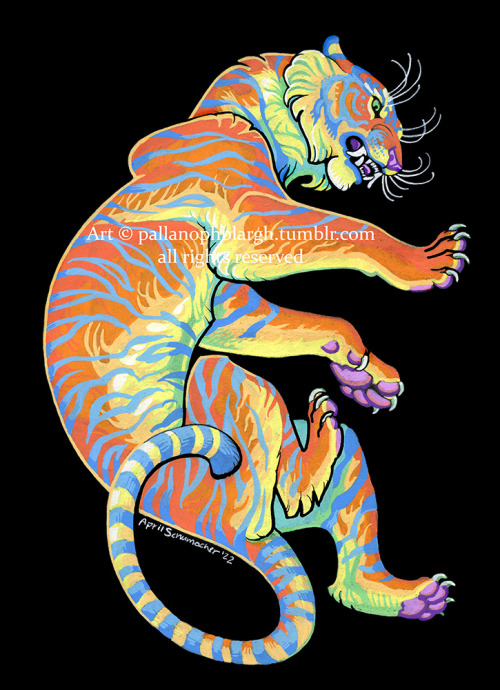 pallanophblargh:An eyestrain technicolor tiger in an attempt to kick some good into 2022.Posca paint pens on Strathmore black paper, 7x10″ (17.78 x 25.4 cm). Colors virtually untouched, it’s just as much of an eyebleeder in person. #good art