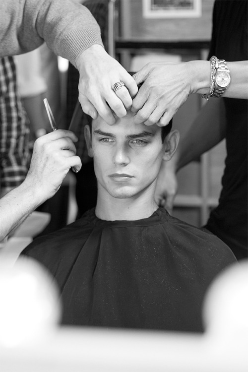 strangeforeignbeauty:  Arthur Gosse | Photographed by Dirk Alexander | Backstage at Richard Nicoll Fall/Winter 2014-15 [ b&w | male models | popular | facebook | twitter | google+ | instagram ]