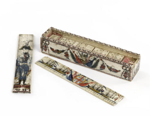 ltwilliammowett: A French Prisoner of War bone domino set. The case with carved edge and polychrome 