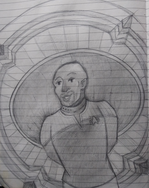 pencil drawing of Captain Benjamin Sisko stood with his hands behind his back, in front of one of the round windows on Deep Space 9. he is smiling serenely, with stars in his eyes, and the blackness of space behind him is filled with wispy shapes surrounding his silhouette.