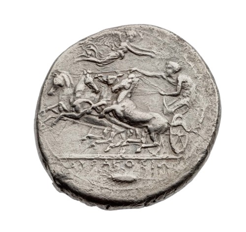 Silver tetradrachm of Syracuse with head of Arethusa (obverse) and quadriga with Nike crowning the c