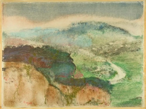 nobrashfestivity:  Edgar Degas, Landscape, monotype in oil colors, heightened with pastel, , 1892  Museum of Modern Art.more