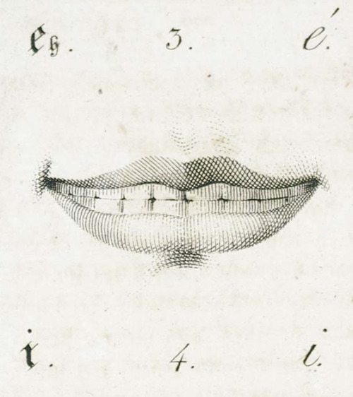 Position of the lips, education manual, 19th century. Lehrbuch über die in jeder Sprache anwendbare 