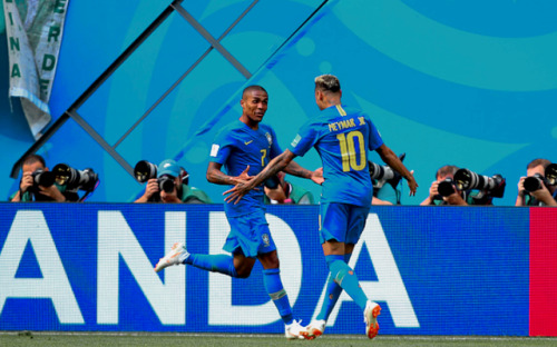 aaronrmsey:Neymar of Brazil celebrates with Douglas Costa of Brazil after scoring his team’s second 