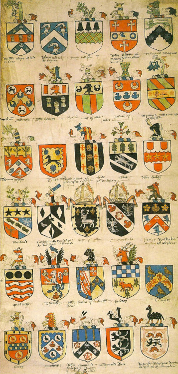 Roll of grants of arms and crests showing complicated early Tudor coats. by Sir Thomas Wriothesley. 