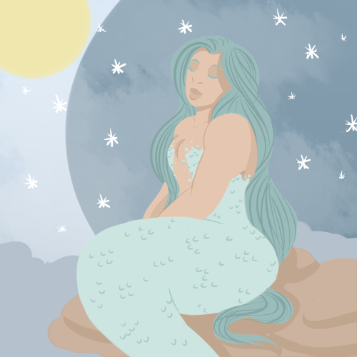 [ID: Several digital illustrations of a blue-haired mermaid, drawn between 2016 and 2022, highlighti