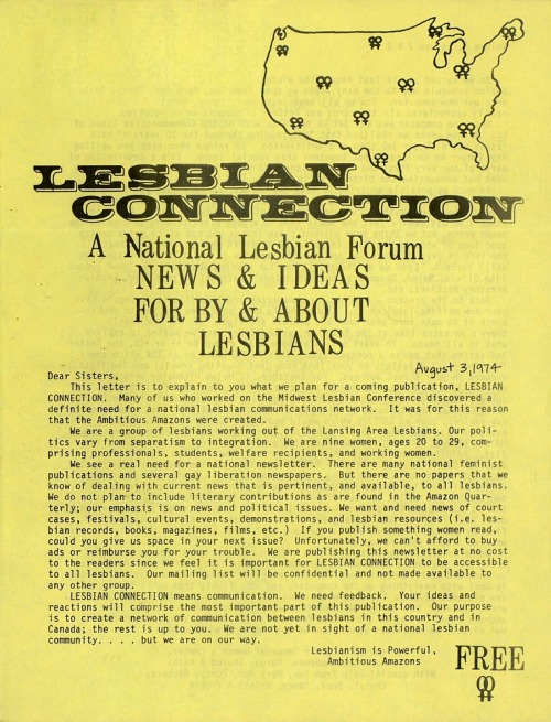 &ldquo;Lesbianism is Powerful, Ambitious Amazons.” An introductory letter announcing the b