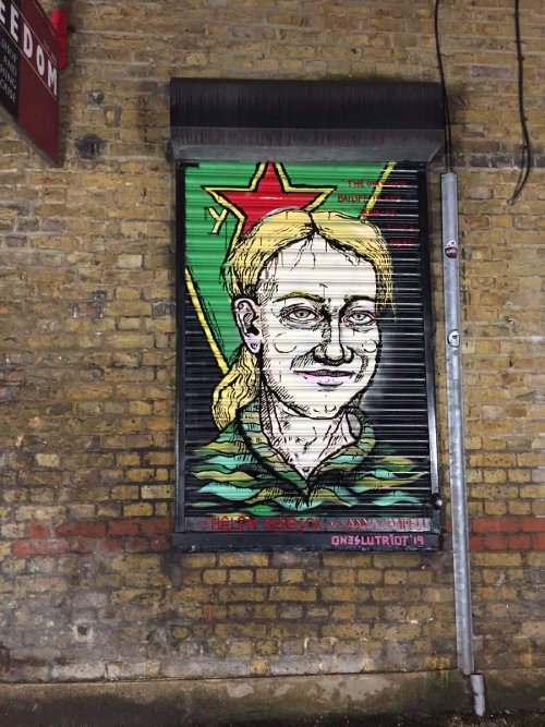 Memorial graffiti for Anna Campbell, a British anarchist who was killed by a Turkish airstrike on Ma