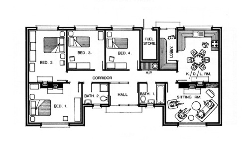 vintagehomeplans:Ireland, 1989: Design No. 198A symmetrical house with four fireplaces—two in 