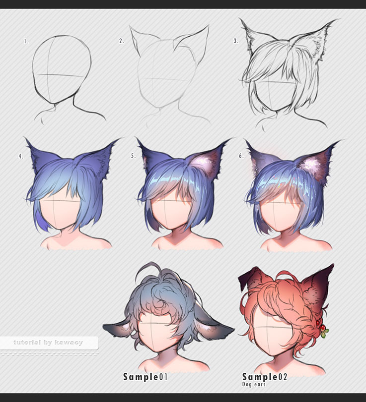 kawacy:  June 2016 - July 2016 tutorials.from top to bottom:1. drawing kemonomimi