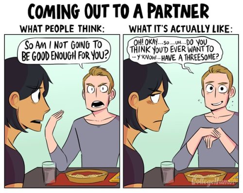 flashytitle:  american-dirtbag:  pr1nceshawn:    What People Think Being Bisexual is Like vs. What It’s Really Like.  Yaaaaaas!   Just because you’re married doesn’t mean your monogamous.  This is cute and funny but has truth behind it. I’ve