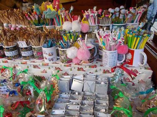 Some merchandise offered for sale during Christmas market in Wroclaw, Poland.