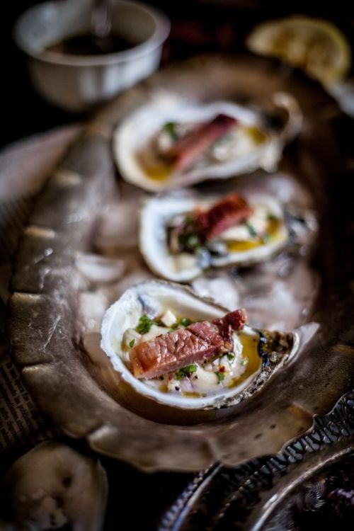delicious-designs: Grilled oysters on a half shell with grilled proscuitto