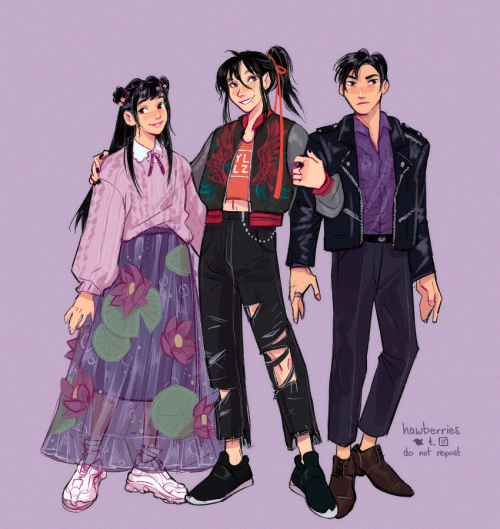 hawberries:yunmeng represent![image is a drawing of jiang yanli, wei wuxian, and jiang cheng dressed