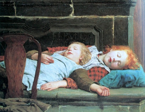 Two Sleeping Girls on the Bench by the Stove, by Albert Samuel Anker, Kunsthaus Zürich, Zürich.