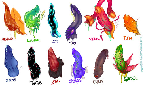 phantom-smut:Made a handy dandy OC dick reference line up! These are mostly all monster dicks, but t